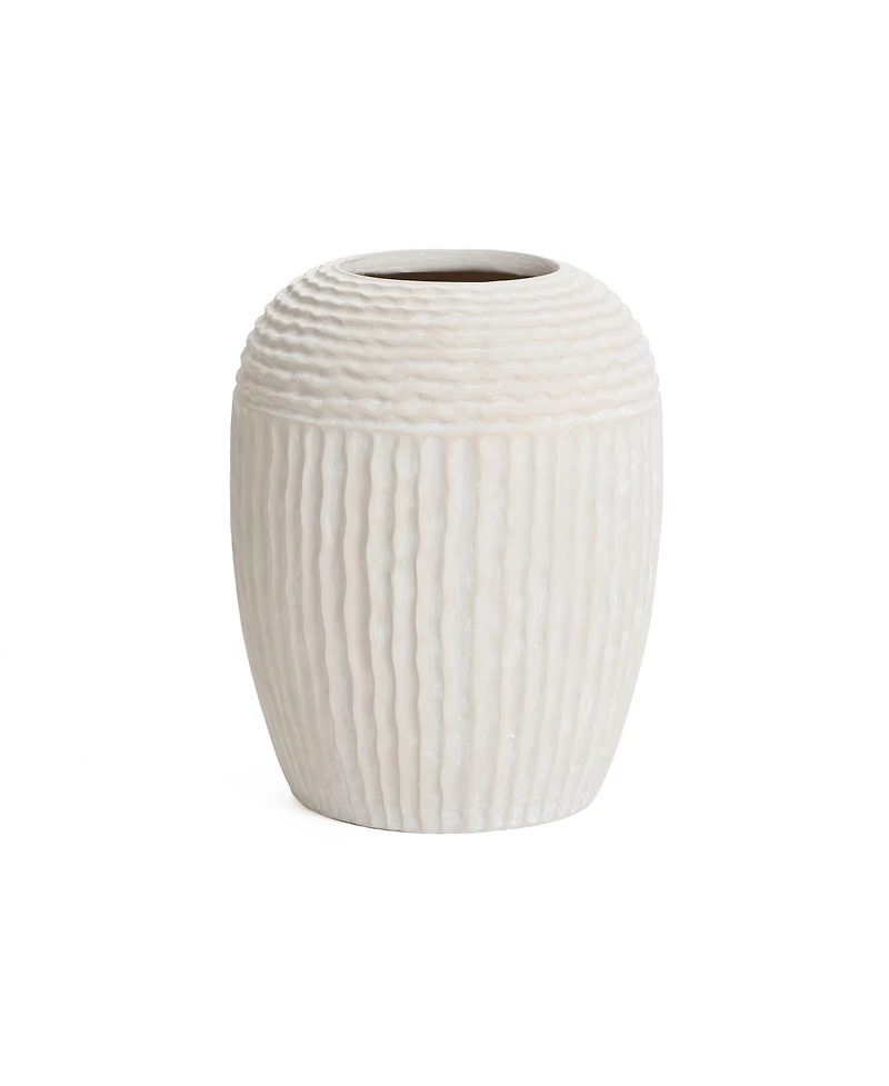 LuxenHome Beige Ribbed Round 15.2-Inch Tall MgO Vase