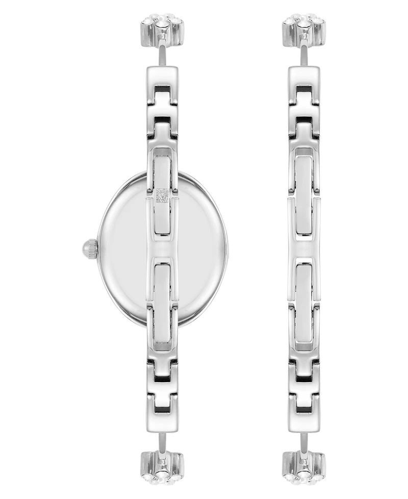 Anne Klein Women's Quartz Delicate Crystal Flower Silver-Tone Stainless Steel Bracelet Watch Set, 19mm