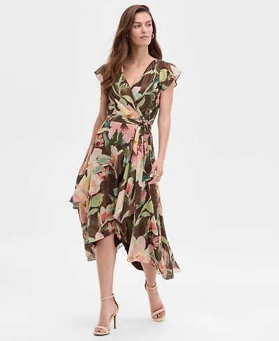 Adrianna Papell Women's High-Low Ruffle Floral Midi Dress