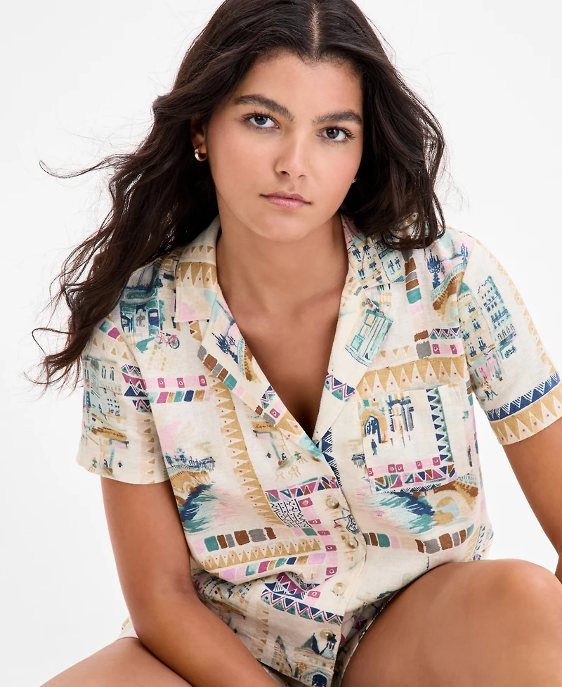 Lucky Brand Women's Printed Linen-Blend Camp Shirt
