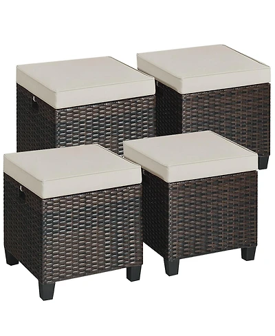 4PCS Patio Rattan Ottoman Cushioned Seat Foot Rest Coffee Table