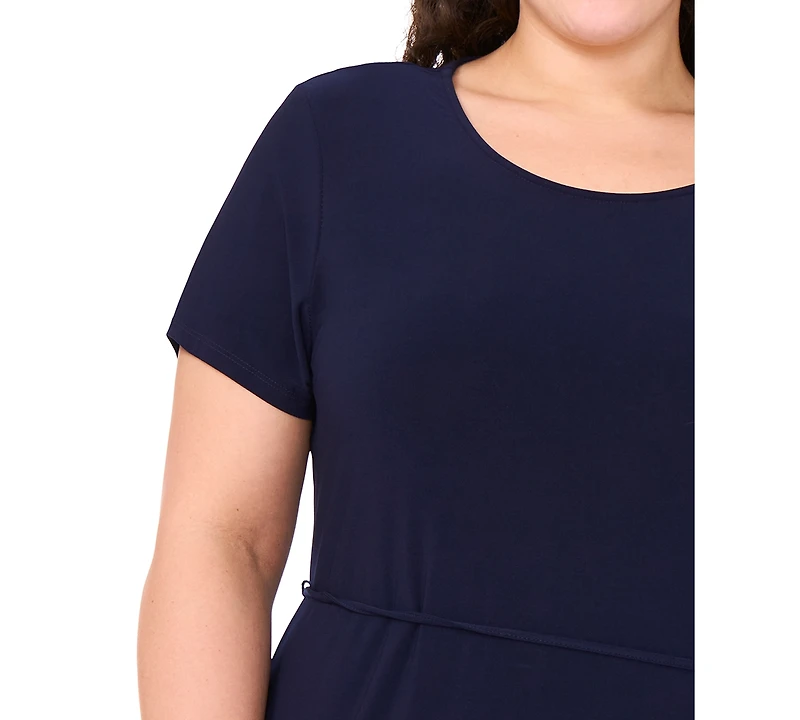 Msk Plus Round-Neck Short-Sleeve Godet-Pleat Dress