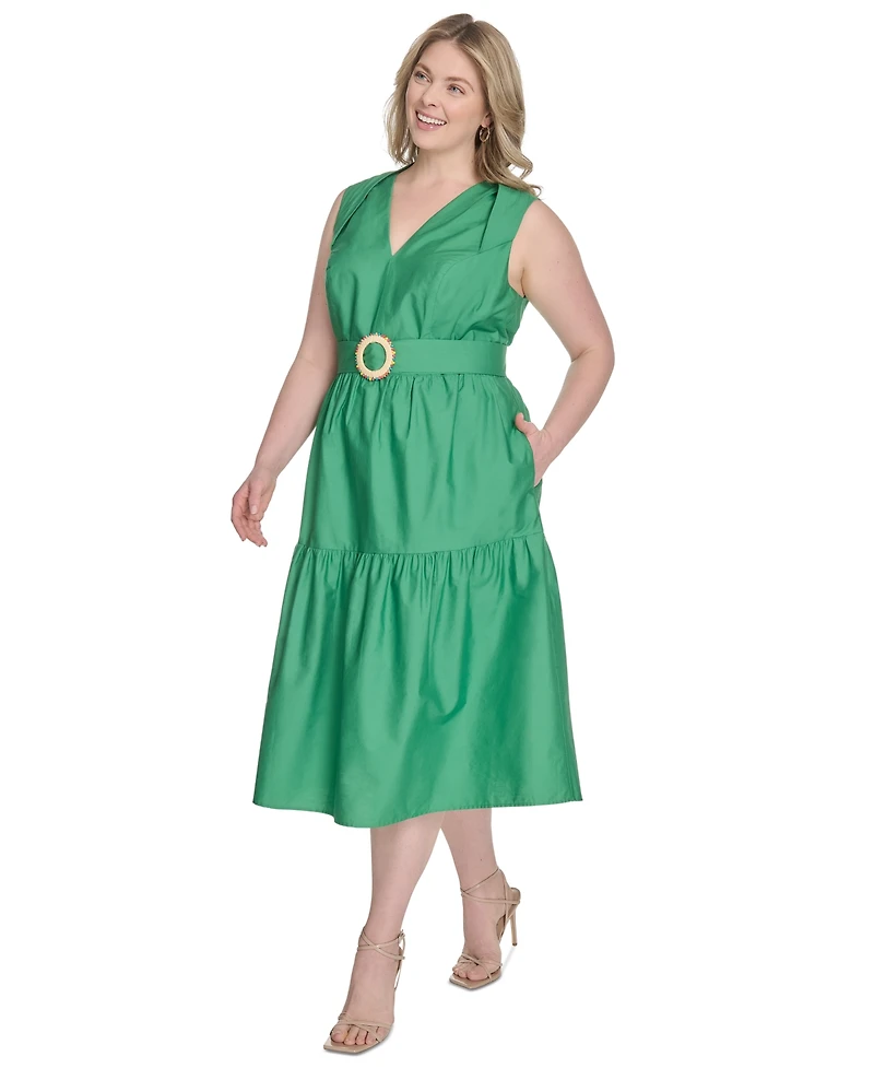 Vince Camuto Plus Cotton Belted Tiered Sleeveless Midi Dress