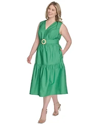 Vince Camuto Plus Cotton Belted Tiered Sleeveless Midi Dress