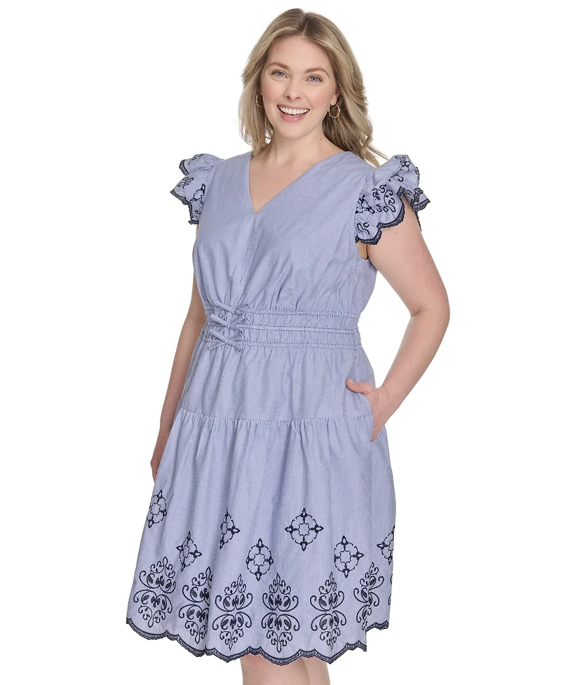 Vince Camuto Plus Flutter-Sleeve Embroidered Cotton Dress