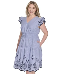 Vince Camuto Plus Flutter-Sleeve Embroidered Cotton Dress