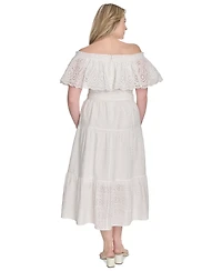 Eliza J Plus Eyelet Off-The-Shoulder Belted Midi Dress