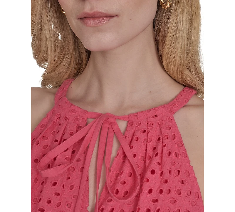 Vince Camuto Petite Cotton Tie-Neck Sleeveless Tiered Dress