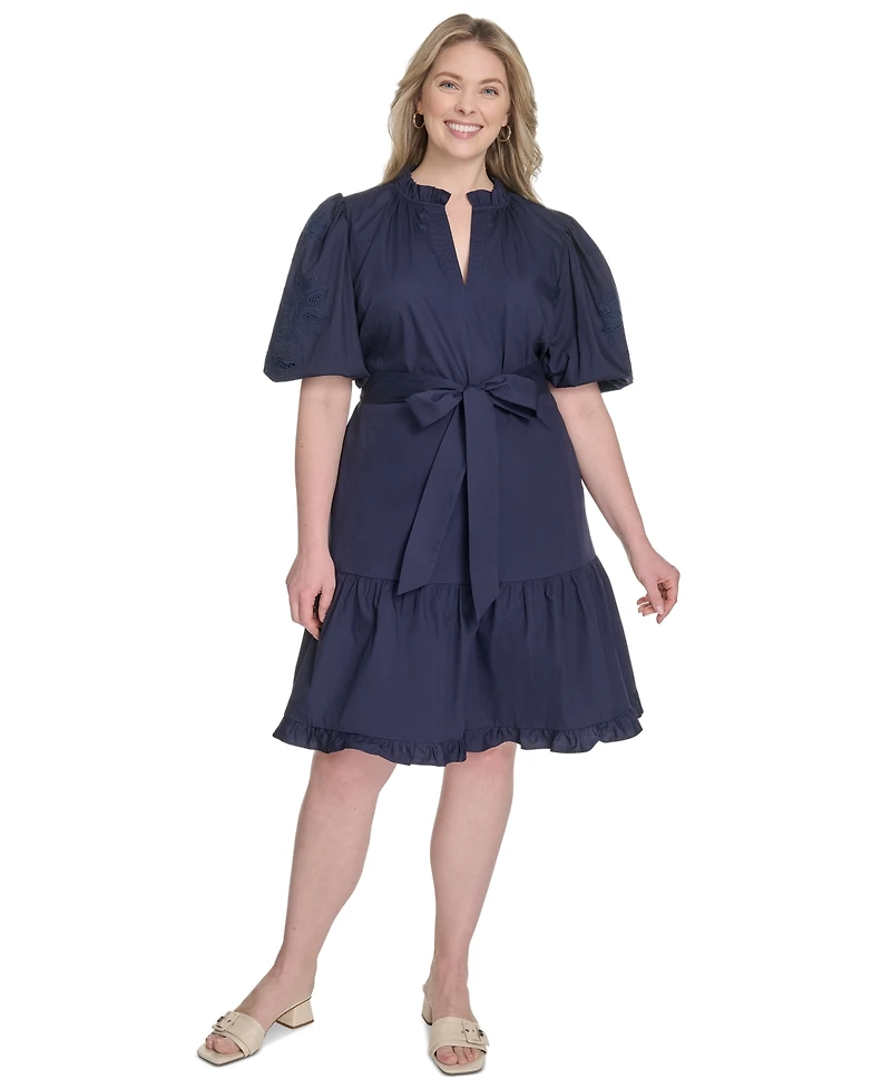 Vince Camuto Plus Cotton Puff-Sleeve Tie-Waist Dress