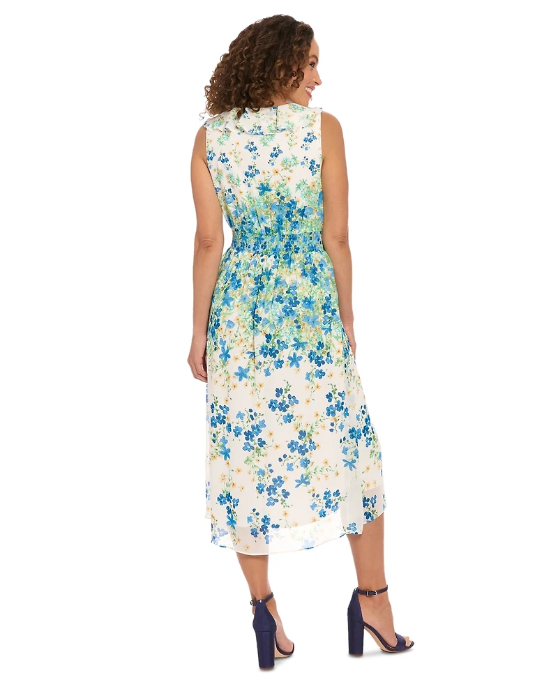 London Times Women's V-Neck Sleeveless Smocked-Waist Dress