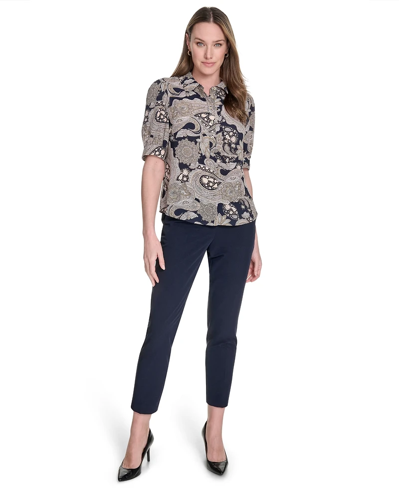 Tommy Hilfiger Women's Printed Point Collar Puff-Sleeve Blouse