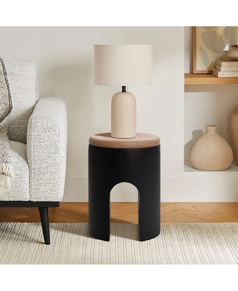 LuxenHome Black with Natural Rattan Finish Cement U-Shaped Base Outdoor Patio Side Table