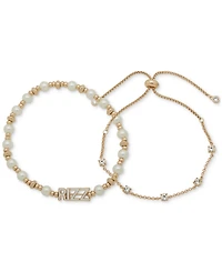 Clueless Gold-Tone 2-Pc. Set Crystal Slider & Rizz Imitation Pearl Beaded Stretch Bracelets