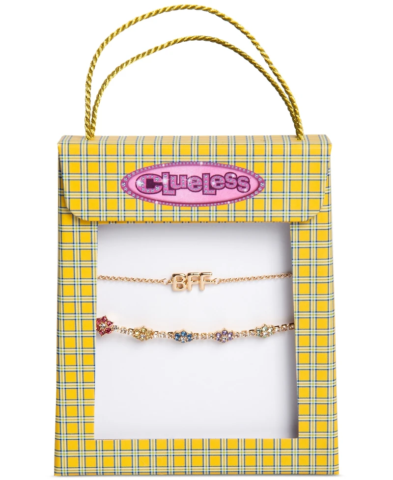 Clueless Gold-Tone 2-Pc. Set Bff & Multicolor Crystal Flower Slider Bracelets