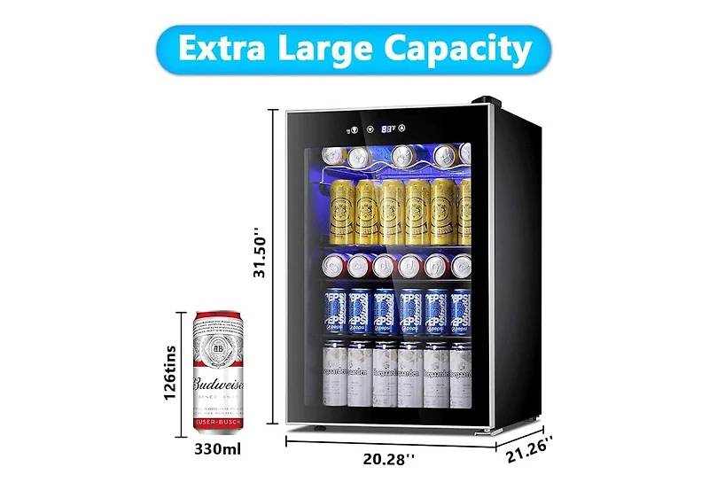 Zafro Mini Fridge Beverage Cooler - 128-Can Capacity with Glass Door for Soda, Beer, or Wine