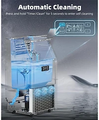 Zafro Commercial ice maker produces 100 lbs of ice per day, with a 33 lbs storage capacity. Features 2-way water inlet, self-cleaning function, and a
