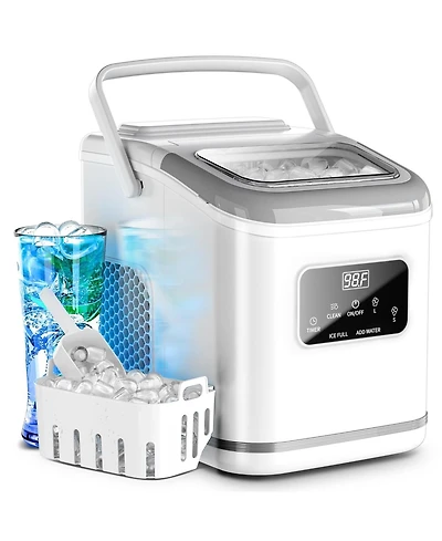 Zafro Countertop Ice Maker produces lbs of ice daily, featuring an Led display, timer, self-cleaning function, and a portable handle. Its compact desi