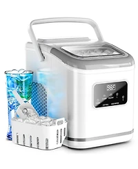 Zafro Countertop Ice Maker produces lbs of ice daily, featuring an Led display, timer, self-cleaning function, and a portable handle. Its compact desi