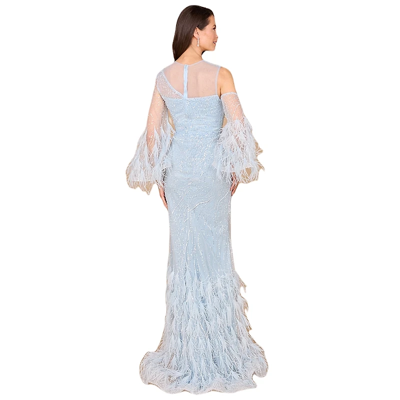 Lara Women's Cold Shoulder Mermaid Lace Gown with Feathers - Outlet