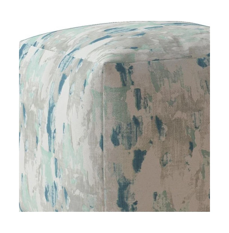 17" Blue and White Canvas Abstract Pouf Ottoman
