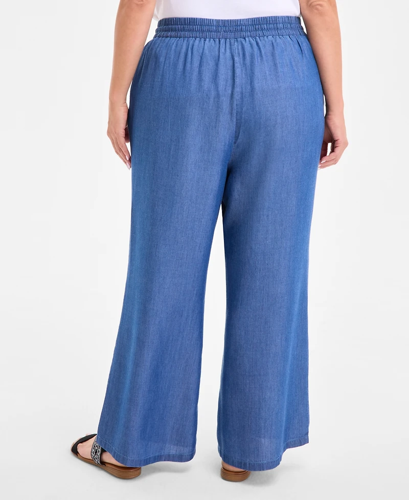 Style & Co Plus Chambray Drawstring High-Rise Wide-Leg Pants, Exclusively at Macy's