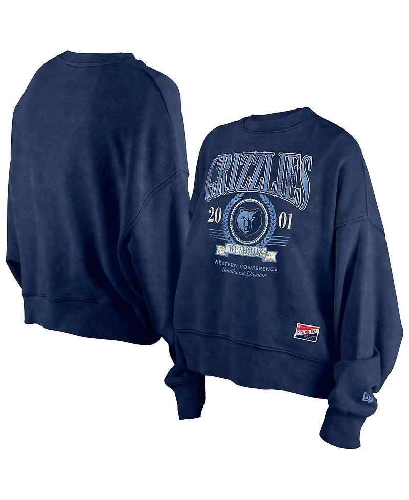 New Era Women's Navy Memphis Grizzlies Hardwood Classics Enzyme Wash Oversized Boxy Pullover Sweatshirt