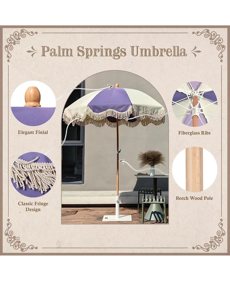 LAGarden Palm Springs 6Ft Patio Floral Fringe Umbrella with Tassel Carry Bag Outdoor Vintage Wood Garden Parasol Purple