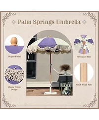 LAGarden Palm Springs 6Ft Patio Floral Fringe Umbrella with Tassel Carry Bag Outdoor Vintage Wood Garden Parasol Purple