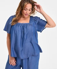 Style & Co Plus Smocked-Square-Neck Short-Sleeve Cotton Top, Exclusively at Macy's
