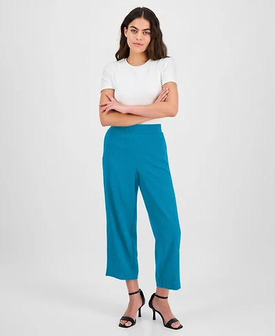Ak Anne Klein Petite Textured Pull-On Mid-Rise Wide-Leg Pants