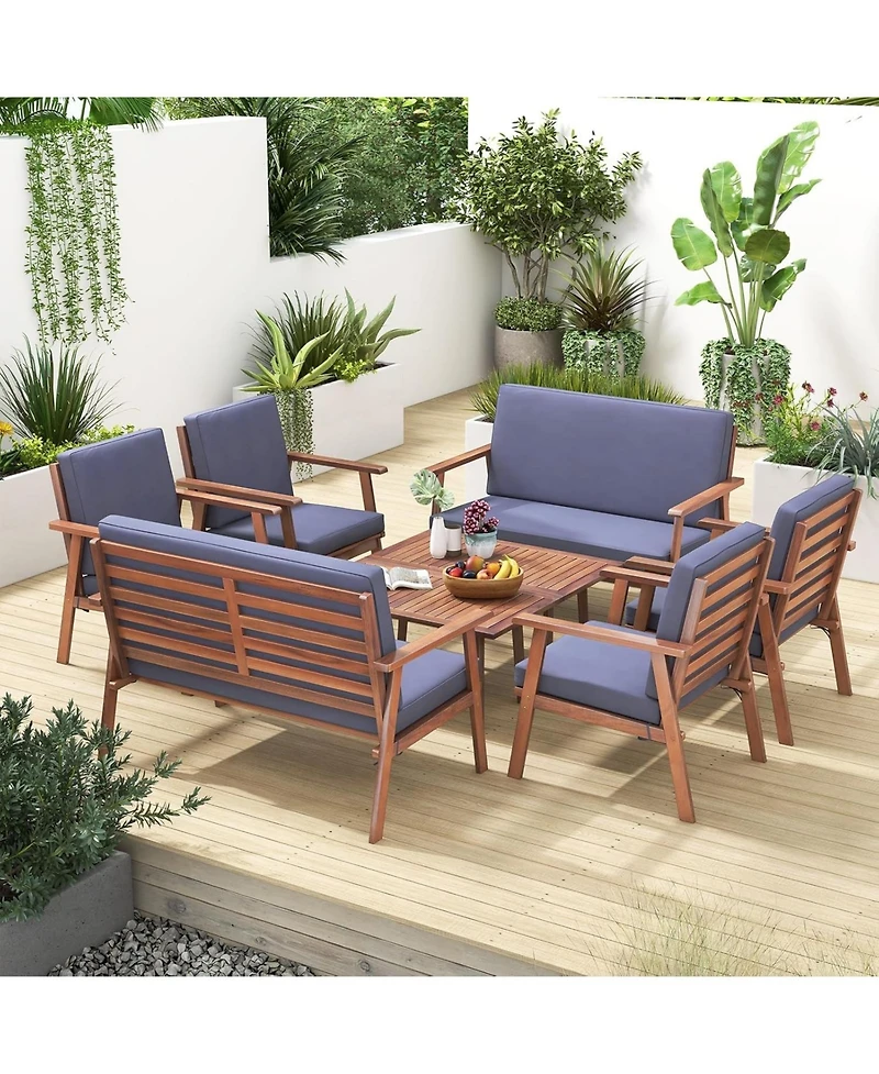 Gymax 8 Piece Patio Conversation Set Acacia Wood Sofa w/ Cushions & Coffee Table