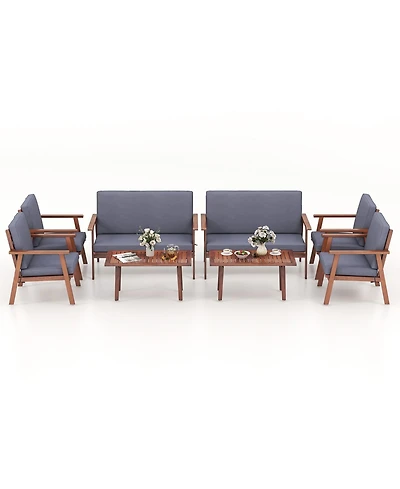 Gymax 8 Piece Patio Conversation Set Acacia Wood Sofa w/ Cushions & Coffee Table
