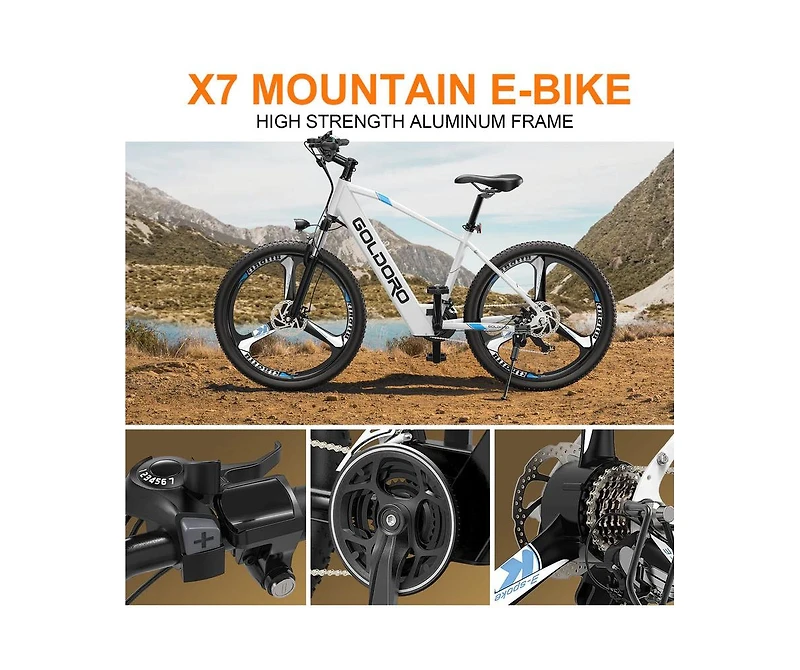 Goldoro Electric Bike 26" X7 Aluminum Alloy Mountain Bike, 350W/36V, Max 17.4 Mph, 21 speed with Alloy Wheels