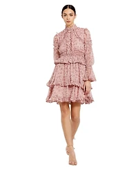 Mac Duggal Women's Long Sleeve Open Front High Neck Ruffle Mini Dress