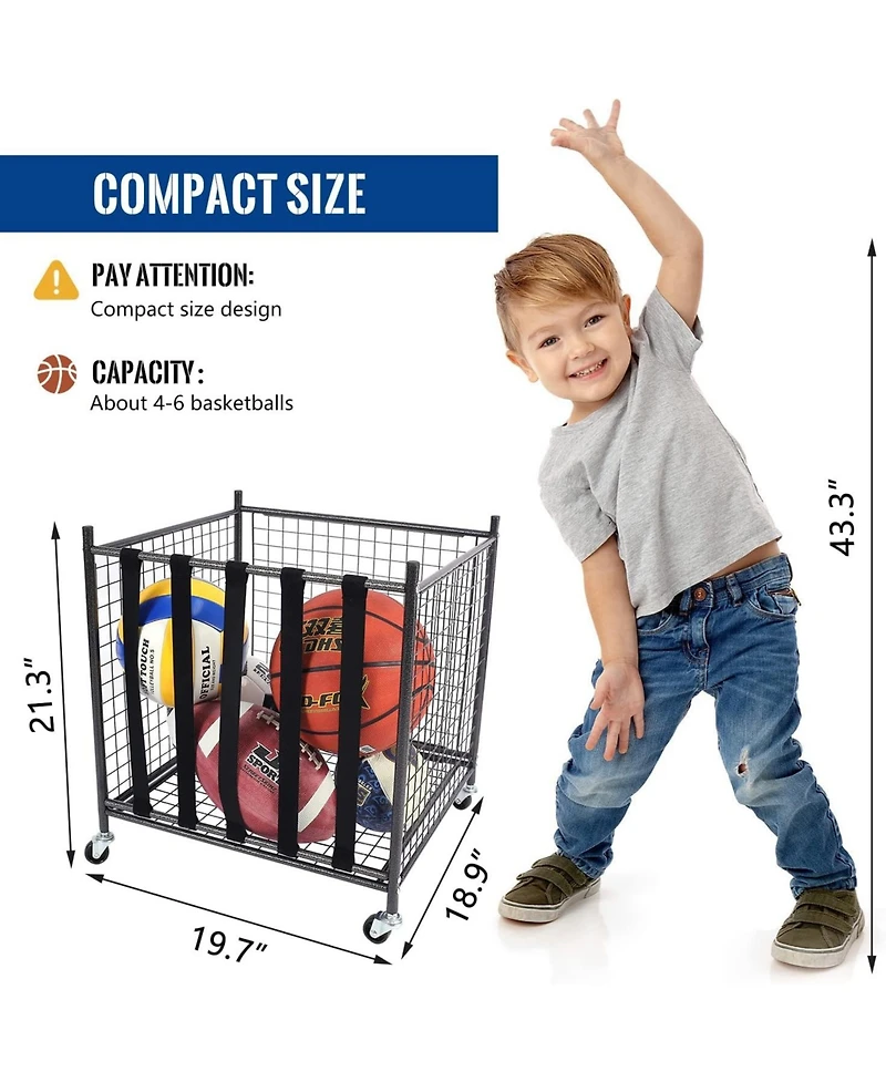Mythinglogic 44 lbs Weight Capacity Rolling Sports Ball Storage Cart with Elastic Straps