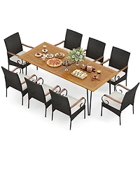 Gymax 9 Pcs Outdoor Patio Dining Set Acacia Wood Square & Table Armchairs Set of 8