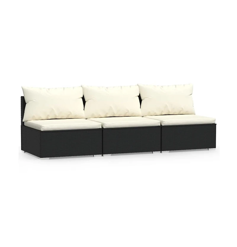 3 Seat Patio Sofa with Cushions Black Poly Rattan