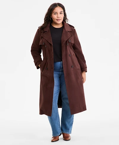 Bcbgmaxazria Plus Double-Breasted Faux-Suede Belted Trench Coat