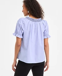 Style & Co Women's Cotton Contrast-Stitch Puff-Sleeve Top, Exclusively at Macy's