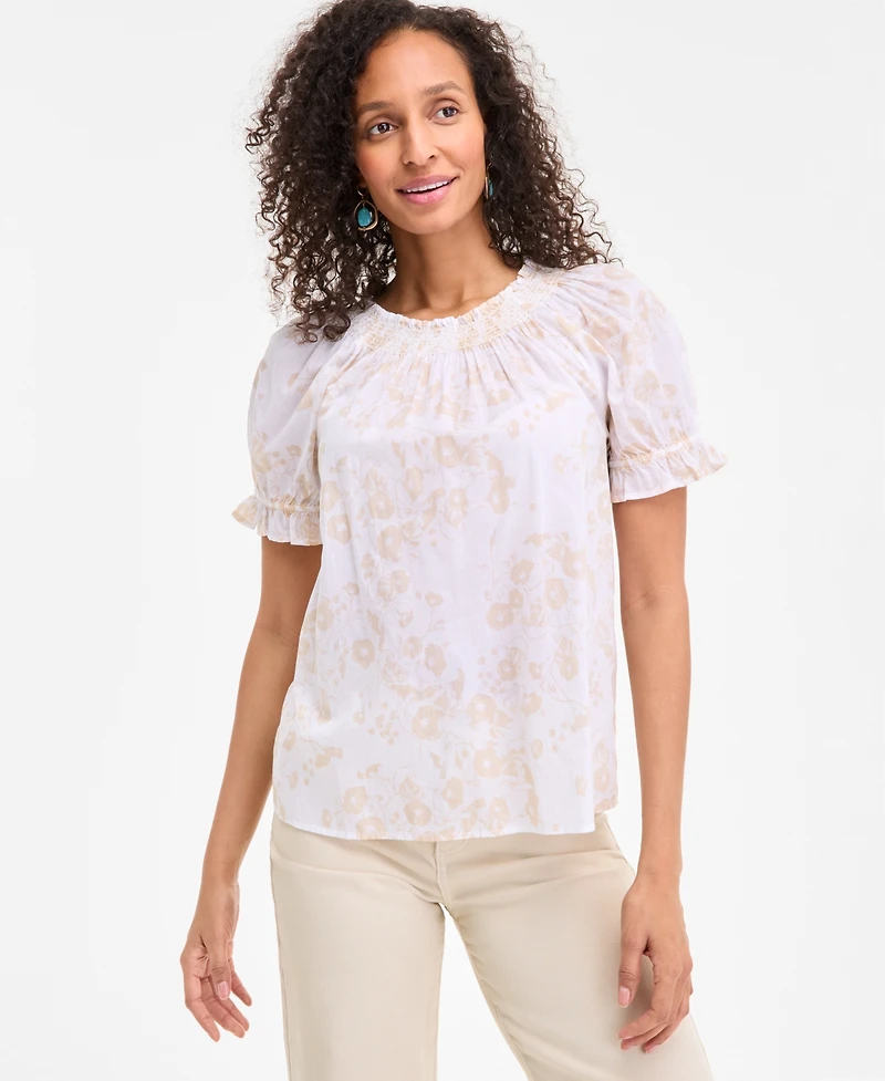 Style & Co Women's Cotton Printed Contrast-Stitch Puff-Sleeve Top, Exclusively at Macy's
