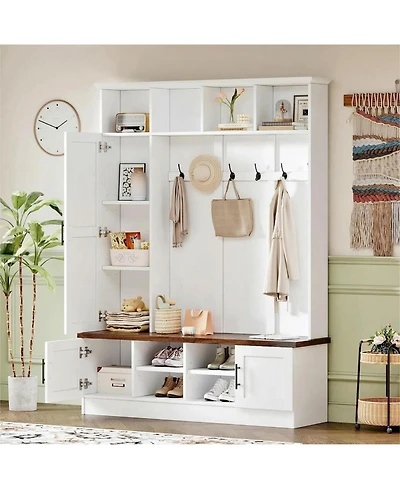 3-in-1 Hall Tree and Bench with 6 Hooks and Shelves