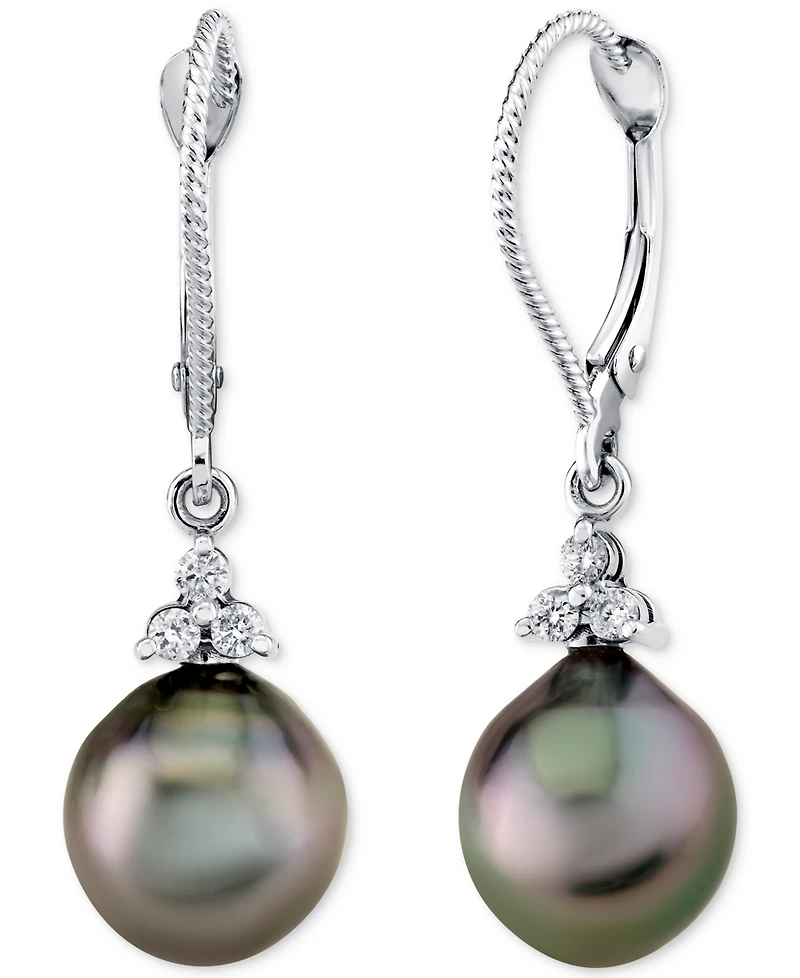 Cultured Tahitian Pearl (9mm) & Diamond (1/8 ct. t.w.) Drop Earrings in 14k White Gold