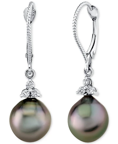 Cultured Tahitian Pearl (9mm) & Diamond (1/8 ct. t.w.) Drop Earrings in 14k White Gold