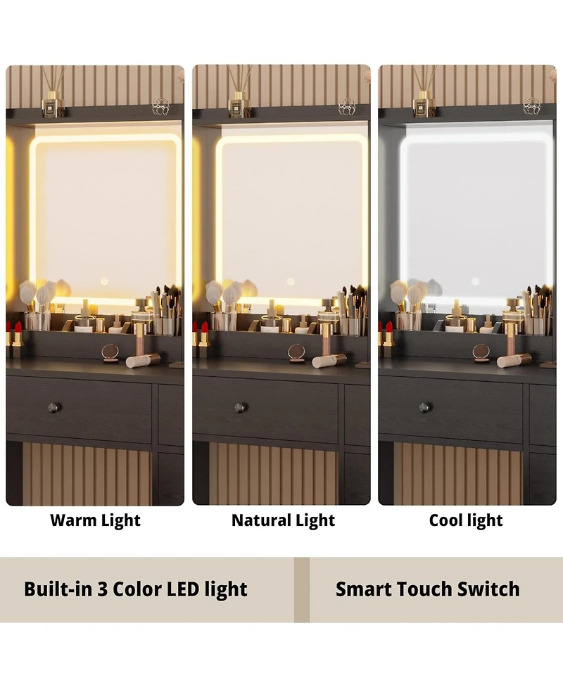 Vanity Desk with Led Lights Mirror and Charging Station, Makeup Vanity ...