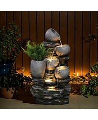 LuxenHome 3-Tier Gray Pots on Stacked Rocks 2.5-Feet Tall Outdoor Polyresin Fountain with Lights and Gray Side Planter