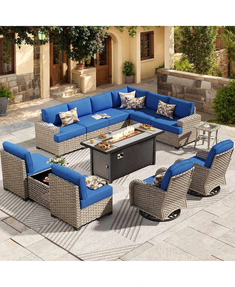 Xizzi 13 Piece Outdoor Patio Furniture Sets with Fire Pit Table,All Weather Wicker Sectional Sofa Extra Deep Swivel Chairs and Solar Powere