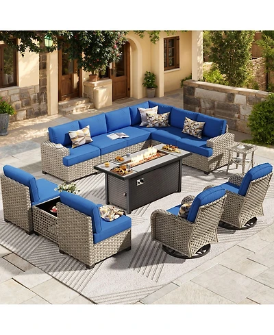Xizzi 13 Piece Outdoor Patio Furniture Sets with Fire Pit Table,All Weather Wicker Sectional Sofa Extra Deep Swivel Chairs and Solar Powere
