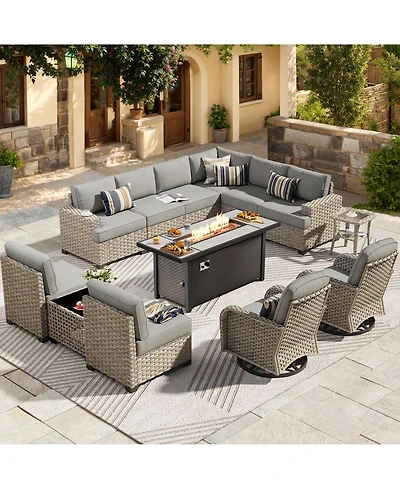 Xizzi 13 Piece Outdoor Patio Furniture Sets with Fire Pit Table,All Weather Wicker Sectional Sofa Extra Deep Swivel Chairs and Solar Powere