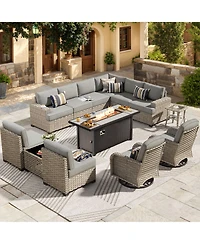 Xizzi 13 Piece Outdoor Patio Furniture Sets with Fire Pit Table,All Weather Wicker Sectional Sofa Extra Deep Swivel Chairs and Solar Powere