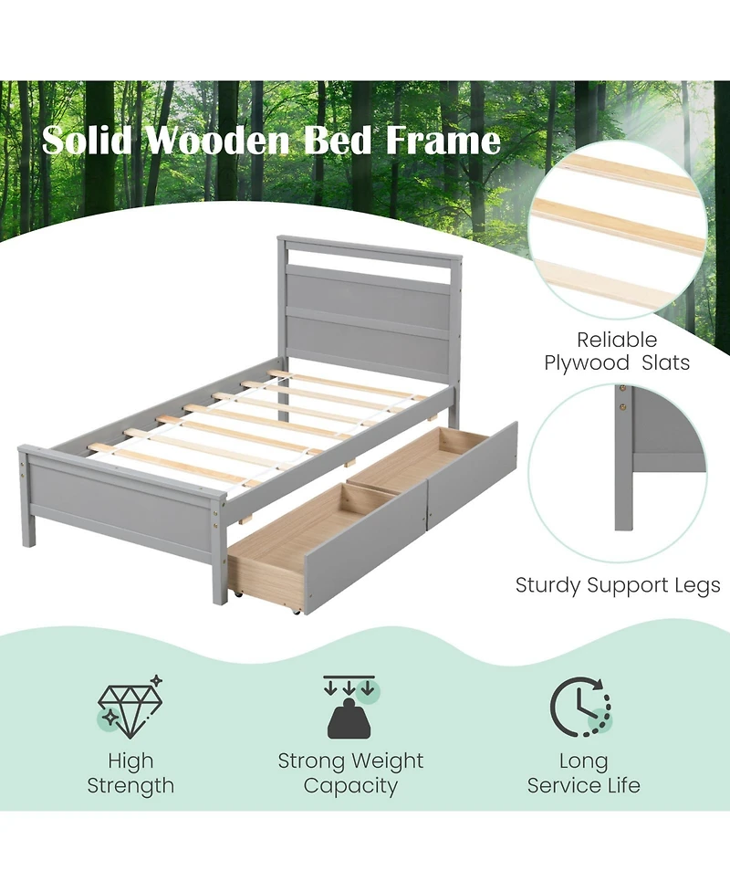 Twin Wooden Bed Frame with 2 Drawers for Teens and Adults
